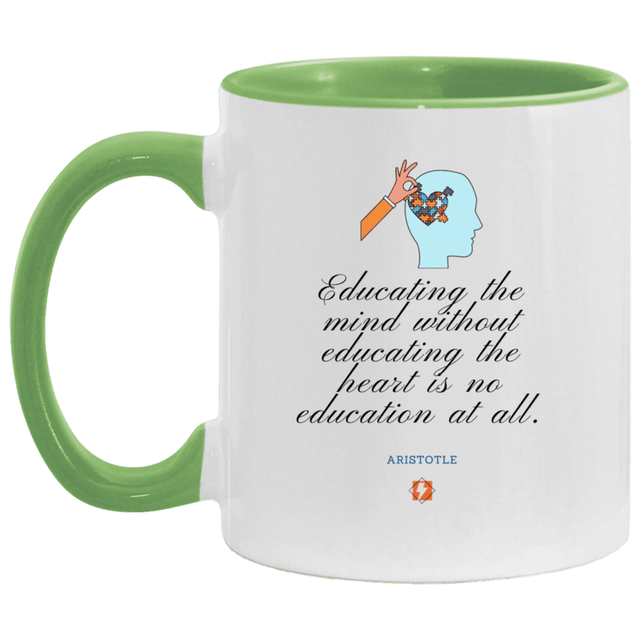 Ceramic Standard Mug 11oz with inspiring Aristotle quote: A110 - Education must include the heart - Color: White/Light Green