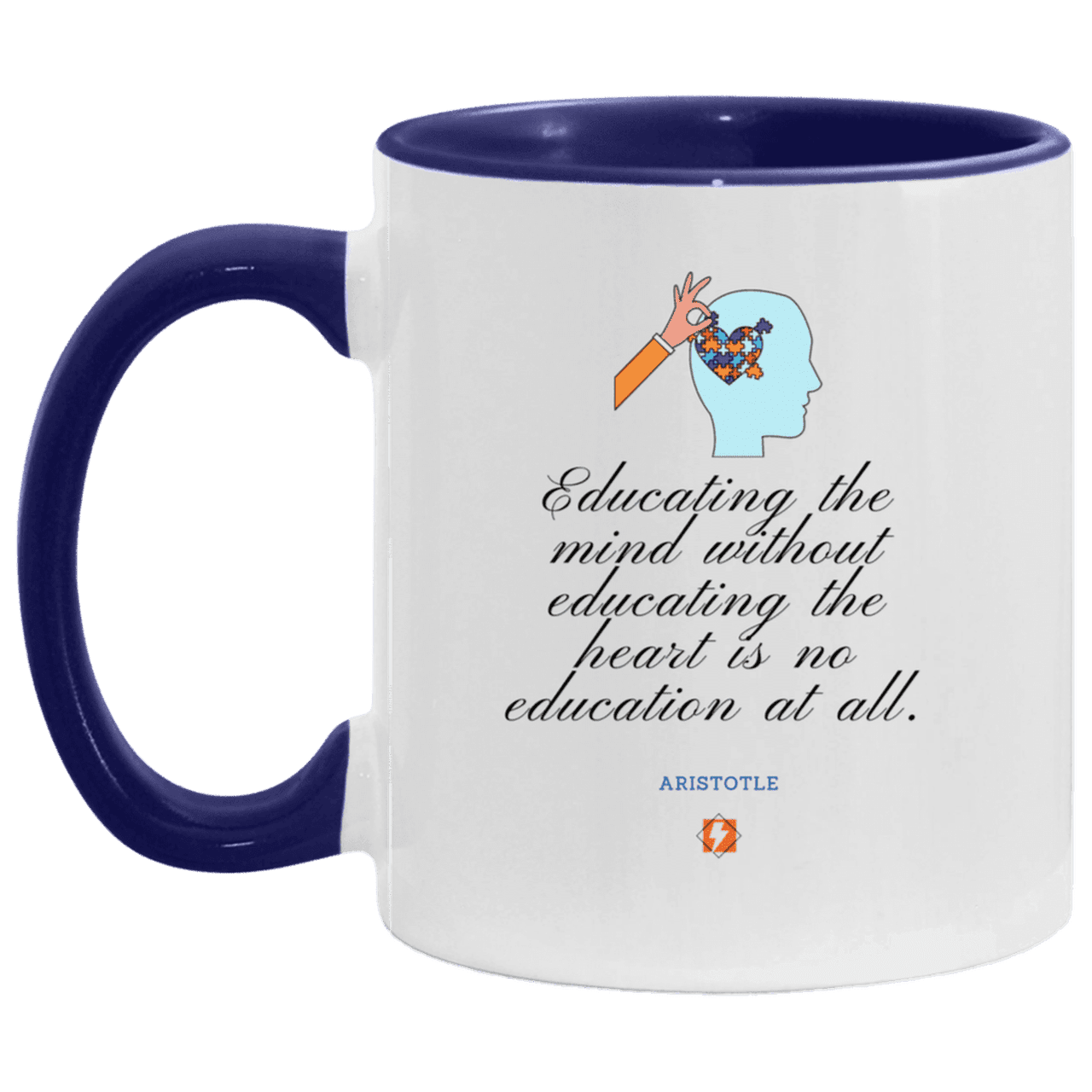 Ceramic Standard Mug 11oz with inspiring Aristotle quote: A110 - Education must include the heart - Color: White/Midnight Blue