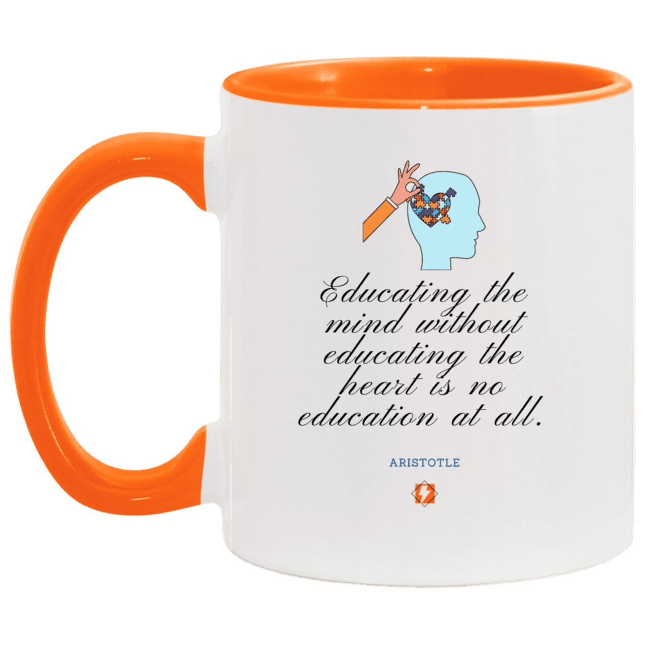 Ceramic Standard Mug 11oz with inspiring Aristotle quote: A110 - Education must include the heart - Color: White/Orange