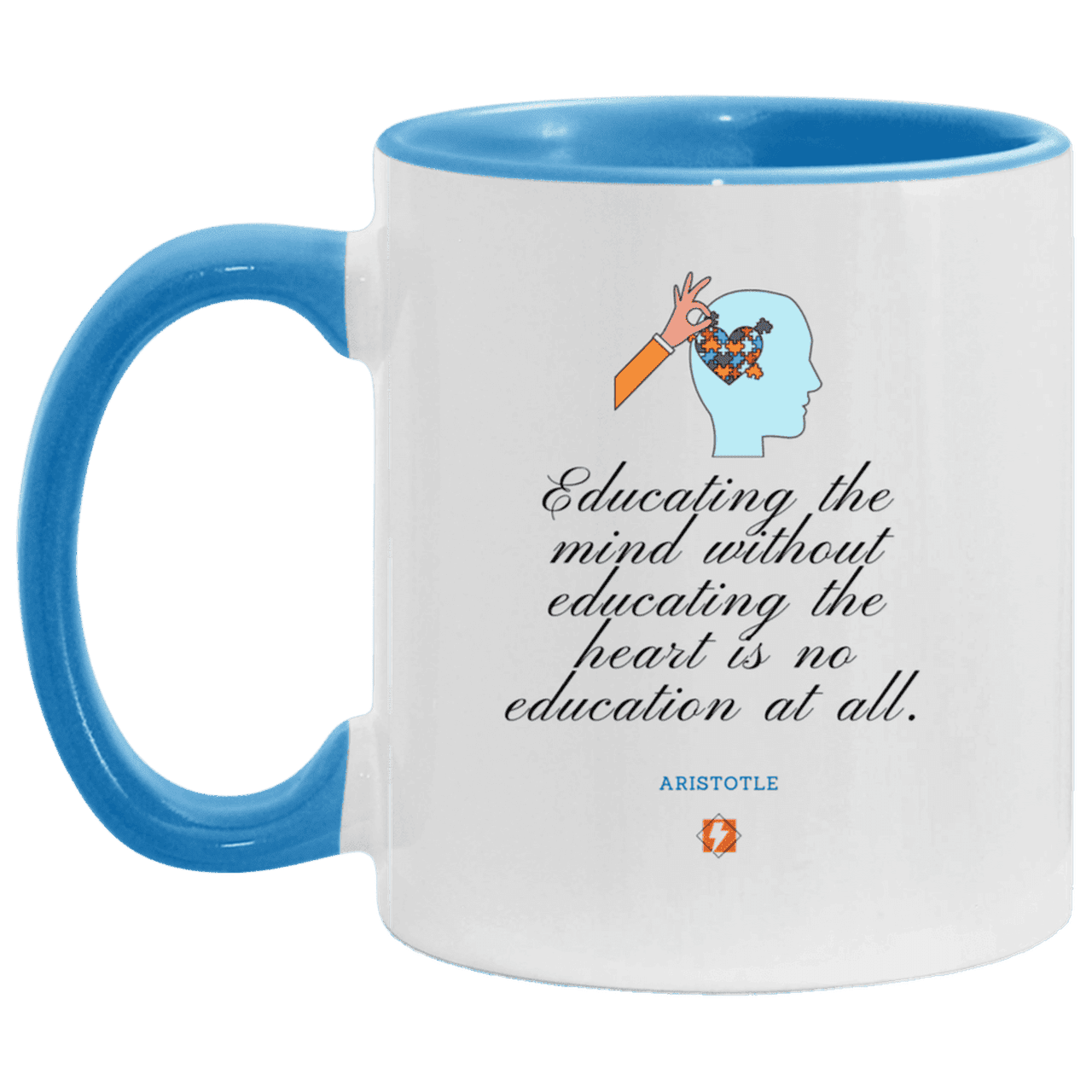 Ceramic Standard Mug 11oz with inspiring Aristotle quote: A110 - Education must include the heart - Color: White/Light Blue