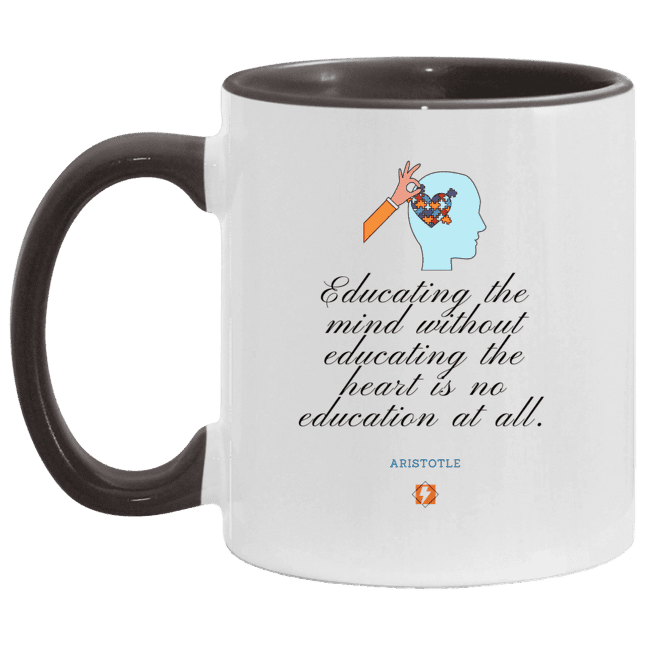 Ceramic Standard Mug 11oz with inspiring Aristotle quote: A110 - Education must include the heart - Color: White/Black