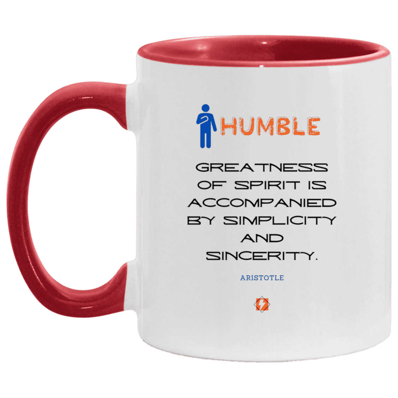 Ceramic Standard Mug 11oz with inspiring Aristotle quote: A111 - Staying humble elevates greatness - Color: White/Red