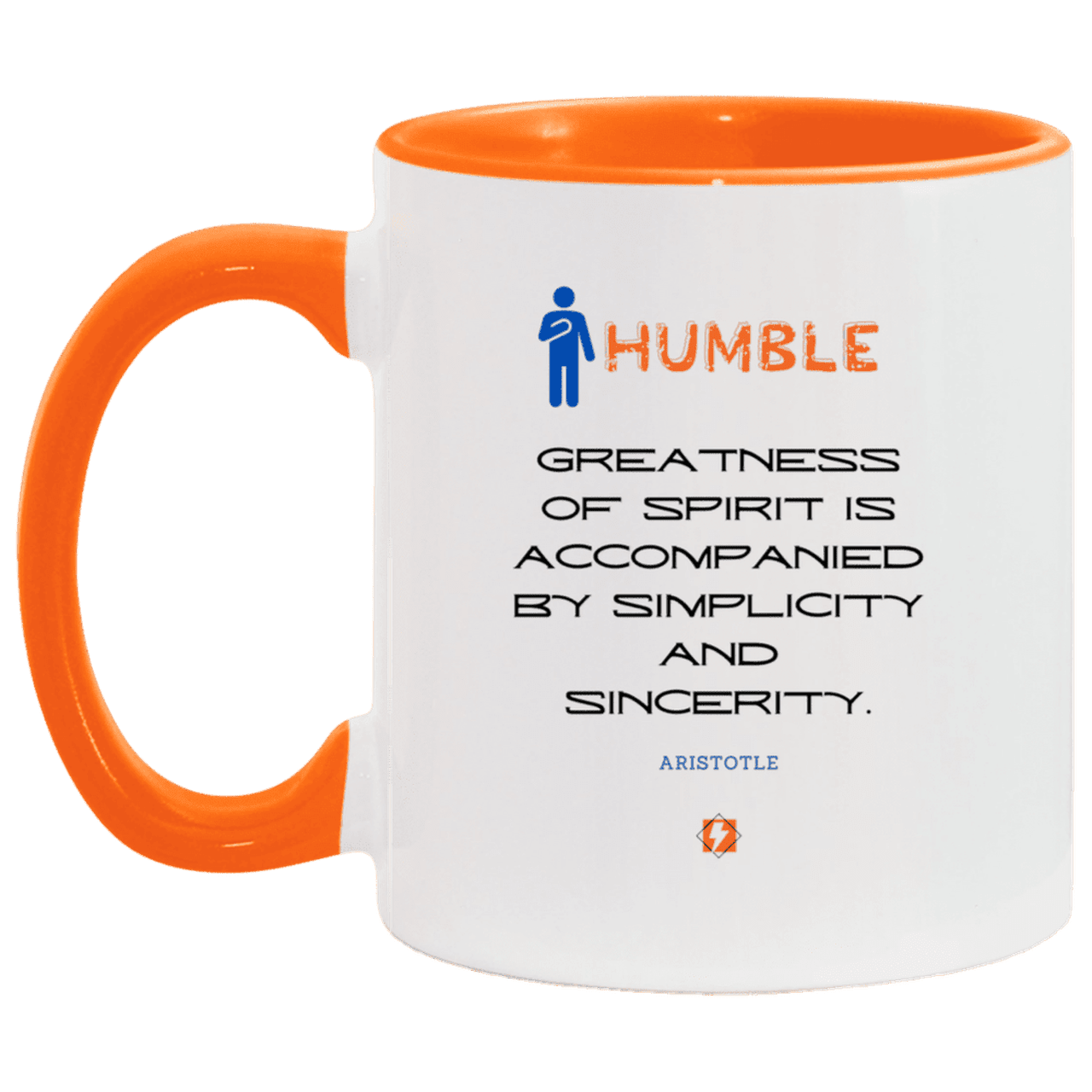 Ceramic Standard Mug 11oz with inspiring Aristotle quote: A111 - Staying humble elevates greatness - Color: White/Orange