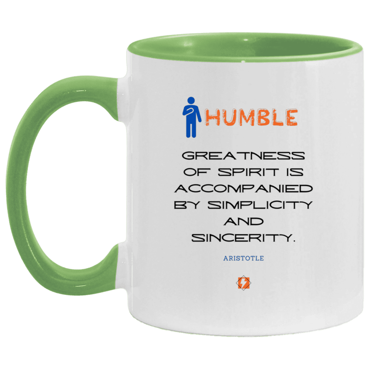 Ceramic Standard Mug 11oz with inspiring Aristotle quote: A111 - Staying humble elevates greatness - Color: White/Light Green