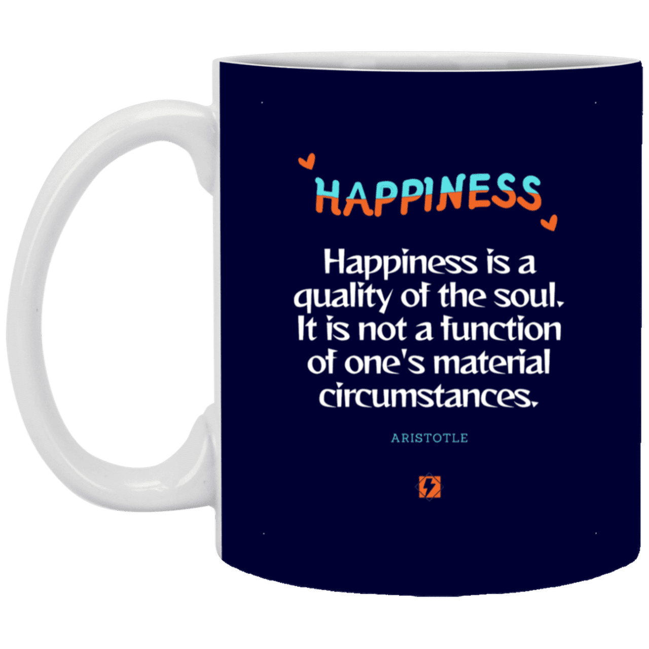 Ceramic Standard Mug 11oz with inspiring Aristotle quote: A112 - Happiness is not circumstantial - Color: Navy