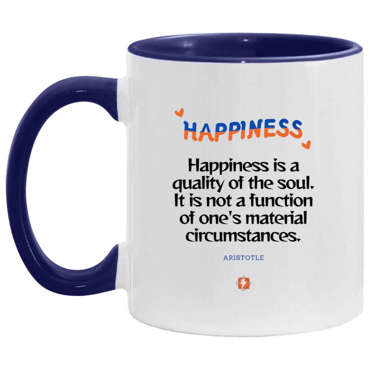 Ceramic Standard Mug 11oz with inspiring Aristotle quote: A112 - Happiness is not circumstantial - Color: White/Midnight Blue