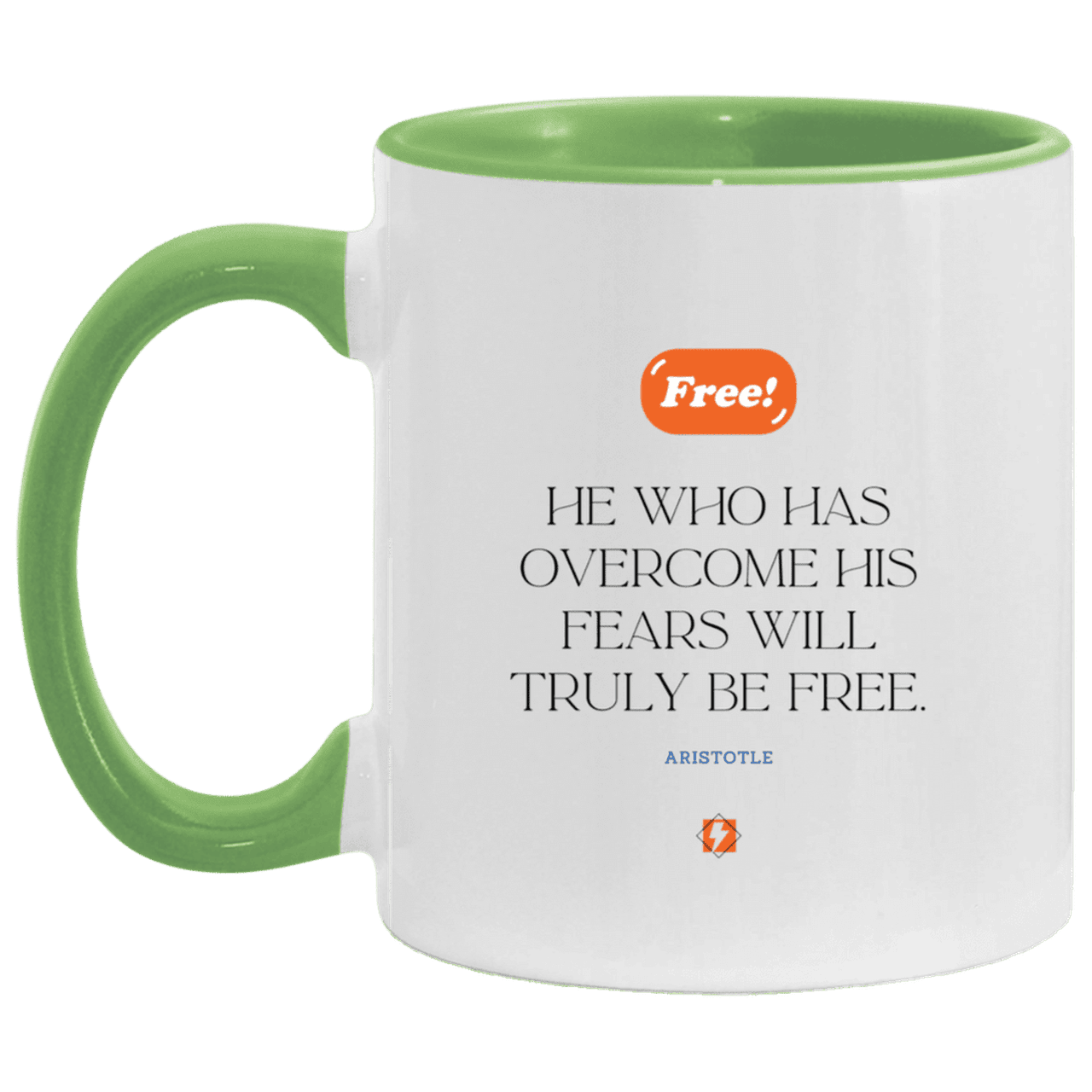 Ceramic Standard Mug 11oz with inspiring Aristotle quote: A114 - True freedom is fearlessness - Color: White/Light Green