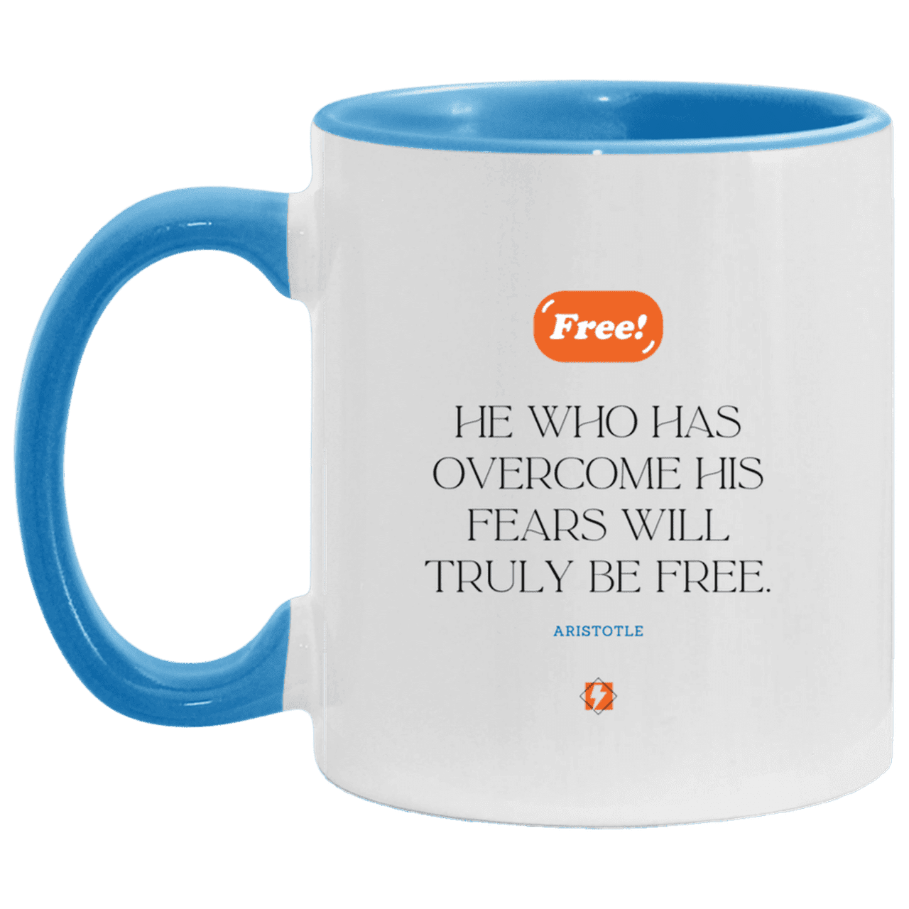 Ceramic Standard Mug 11oz with inspiring Aristotle quote: A114 - True freedom is fearlessness - Color: White/Light Blue