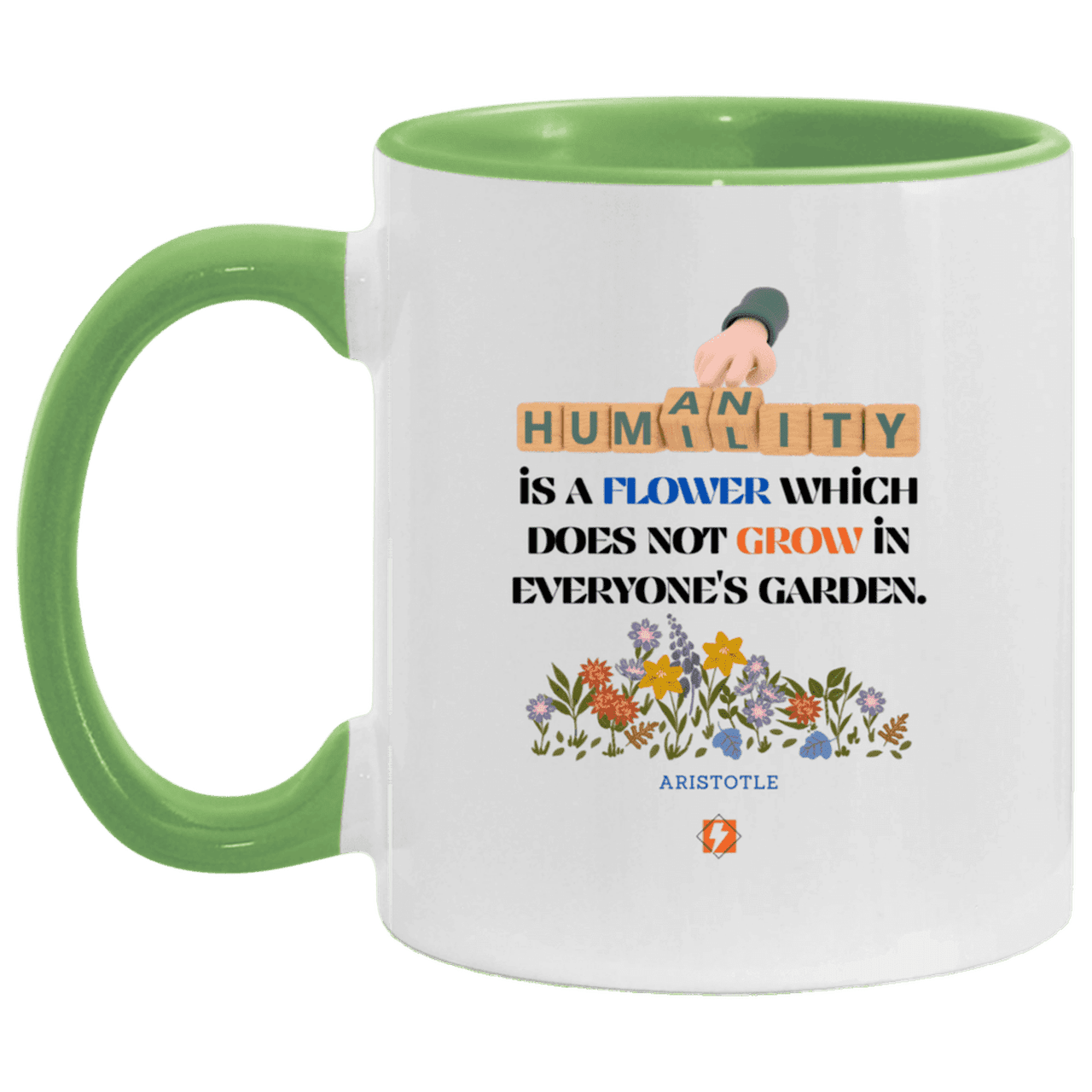 Ceramic Standard Mug 11oz with inspiring Aristotle quote: A115 - Humility is not in everyone - Color: White/Light Green