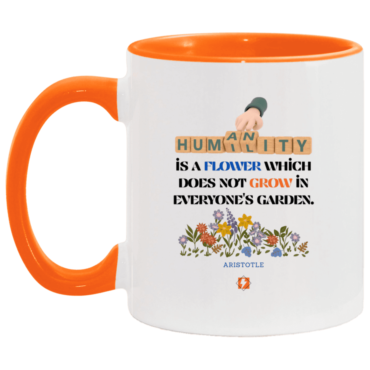 Ceramic Standard Mug 11oz with inspiring Aristotle quote: A115 - Humility is not in everyone - Color: White/Orange