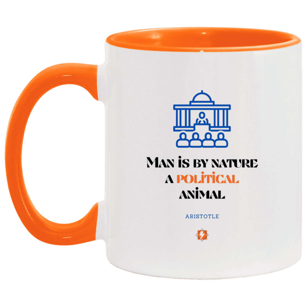 Ceramic Standard Mug 11oz with inspiring Aristotle quote: A120 - Man is political by nature - Color: White/Orange