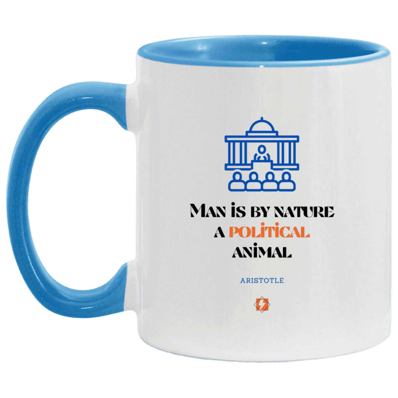 Ceramic Standard Mug 11oz with inspiring Aristotle quote: A120 - Man is political by nature - Color: White/Light Blue