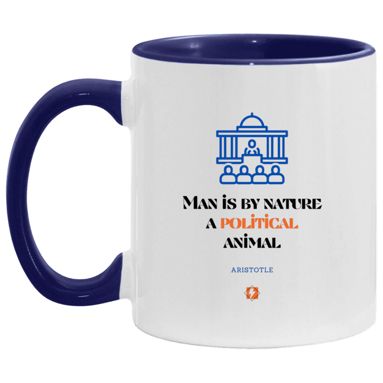 Ceramic Standard Mug 11oz with inspiring Aristotle quote: A120 - Man is political by nature - Color: White/Midnight Blue