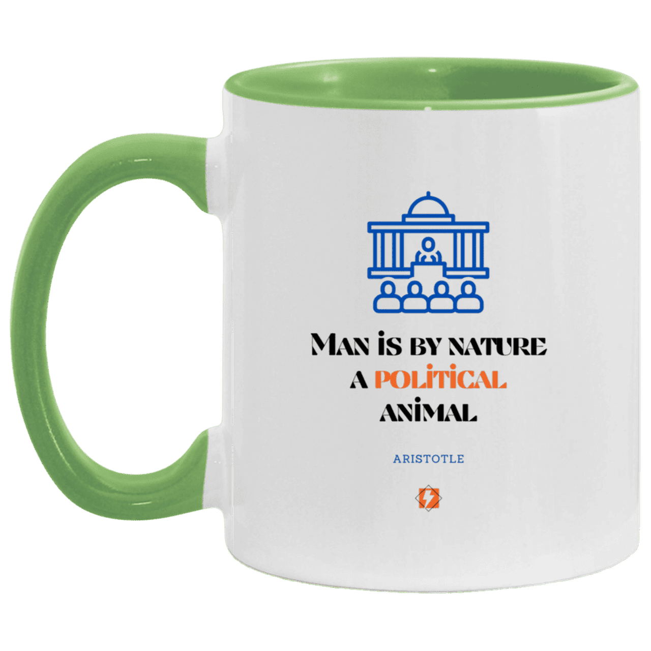 Ceramic Standard Mug 11oz with inspiring Aristotle quote: A120 - Man is political by nature - Color: White/Light Green