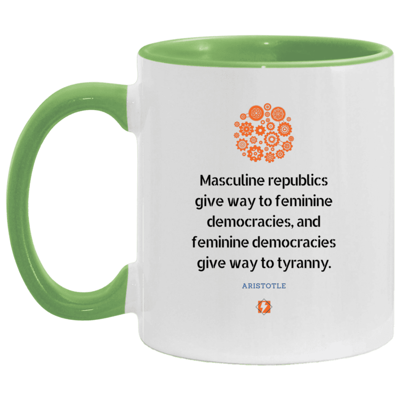 Ceramic Standard Mug 11oz with inspiring Aristotle quote: A121 - Republic to Democracy to Tyranny - Color: White/Light Green