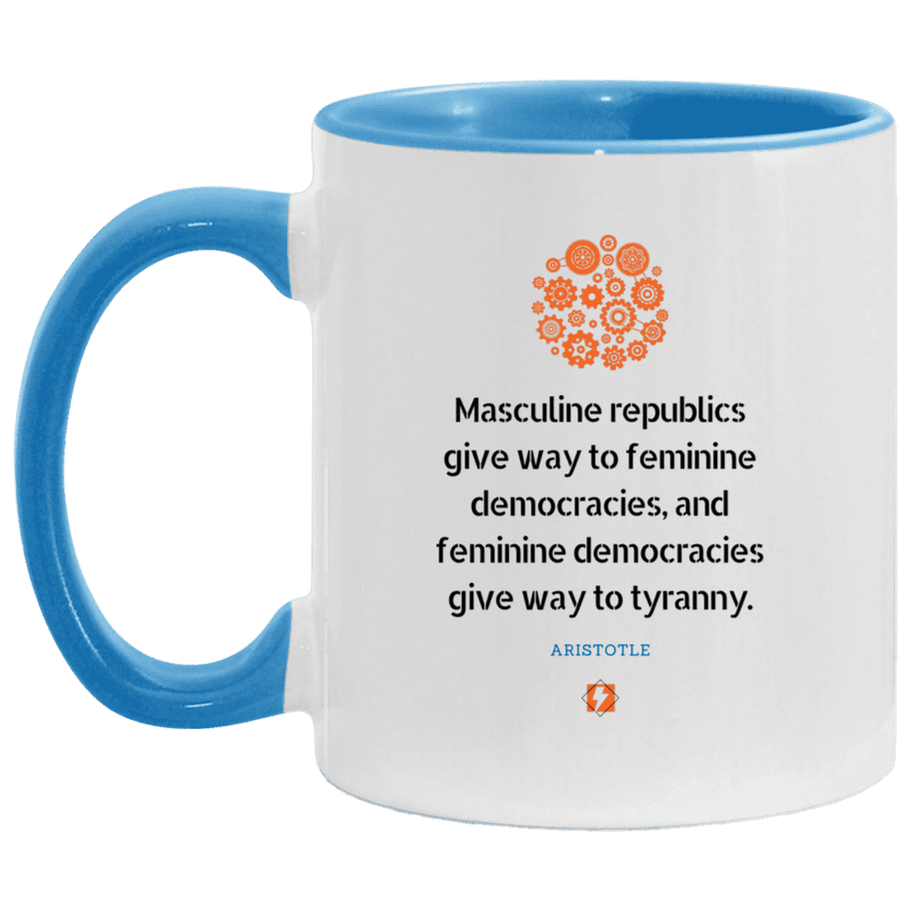 Ceramic Standard Mug 11oz with inspiring Aristotle quote: A121 - Republic to Democracy to Tyranny - Color: White/Light Blue