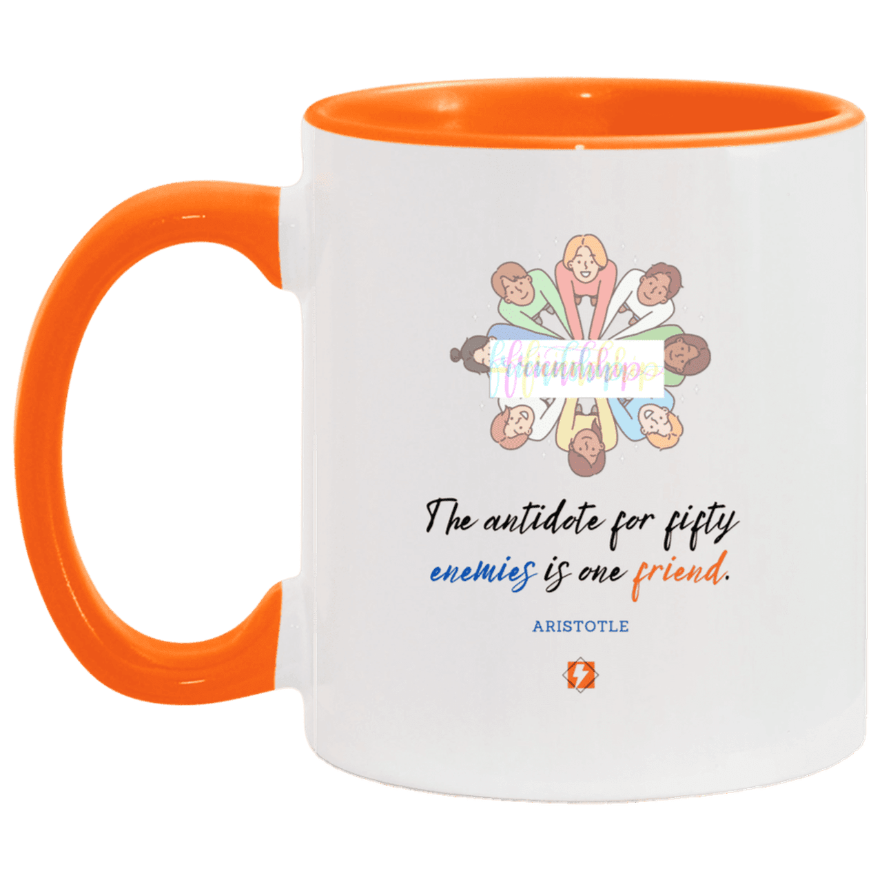 Ceramic Standard Mug 11oz with inspiring Aristotle quote: A124 - Friendship is the antidote - Color: White/Orange