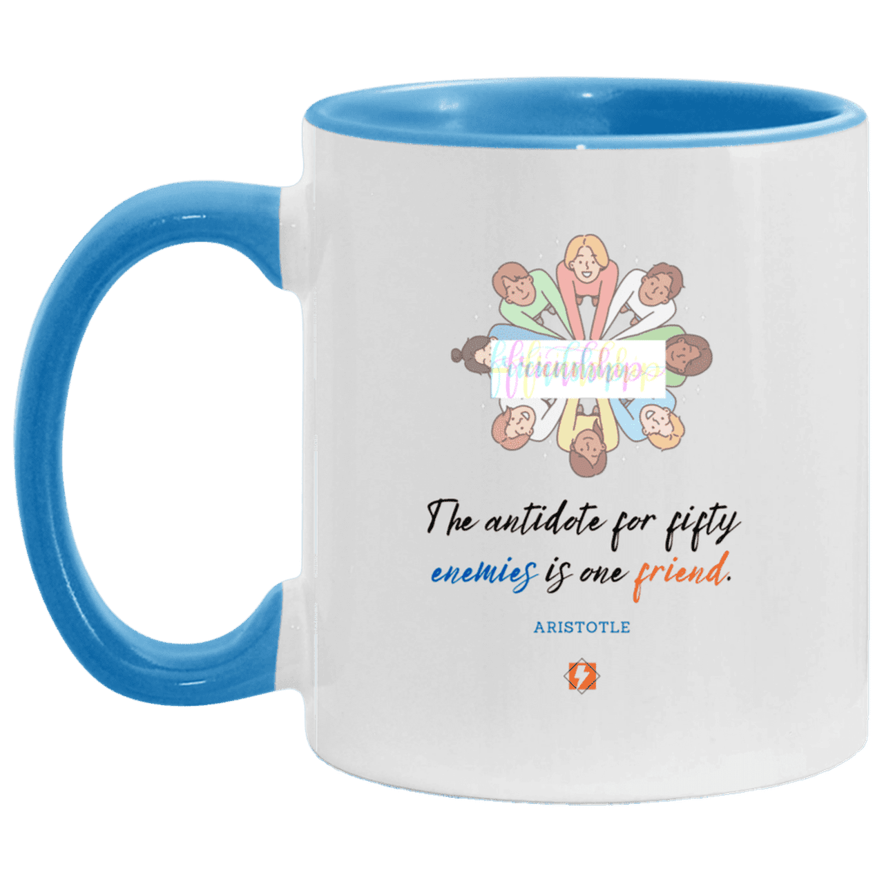 Ceramic Standard Mug 11oz with inspiring Aristotle quote: A124 - Friendship is the antidote - Color: White/Light Blue