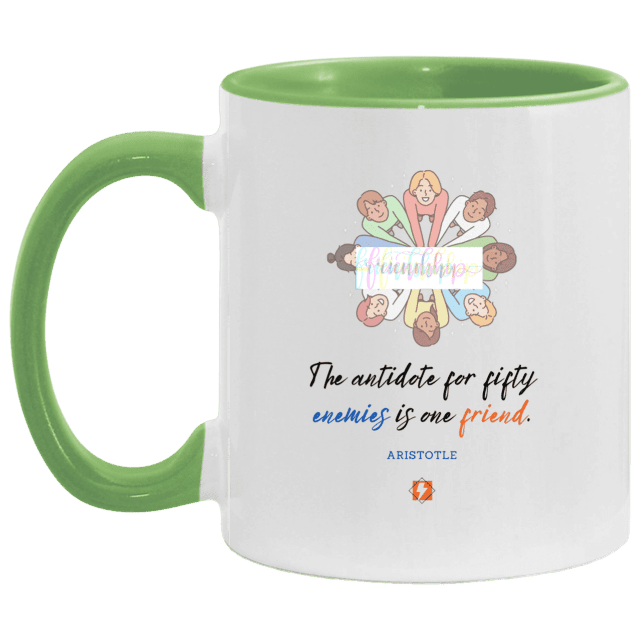 Ceramic Standard Mug 11oz with inspiring Aristotle quote: A124 - Friendship is the antidote - Color: White/Light Green