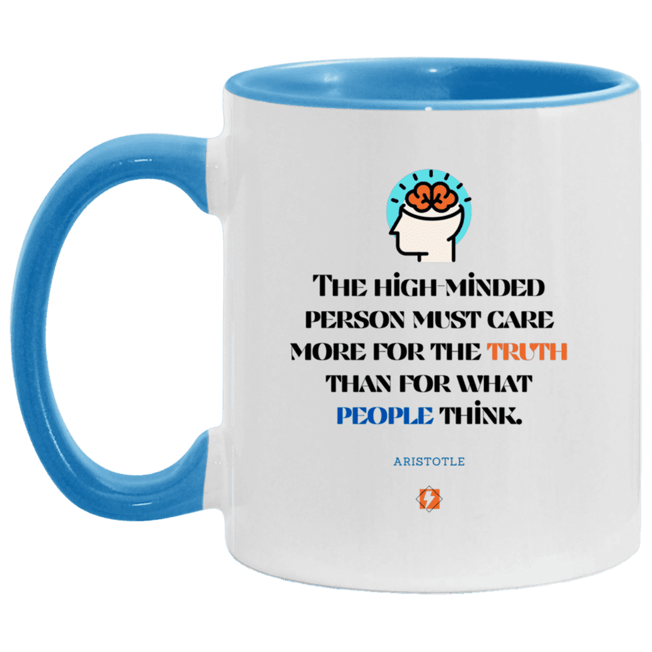 Ceramic Standard Mug 11oz with inspiring Aristotle quote: A126 - Truth cares not for opinions - Color: White/Light Blue