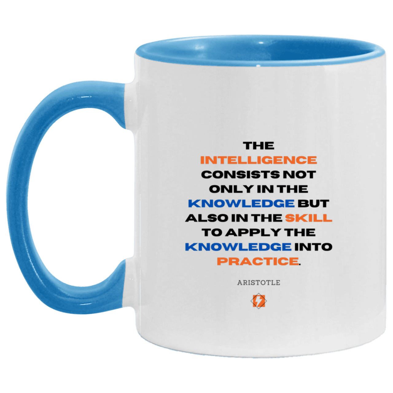 Ceramic Standard Mug 11oz with inspiring Aristotle quote: A127 - Intelligence vs Knowledge - Color: White/Light Blue