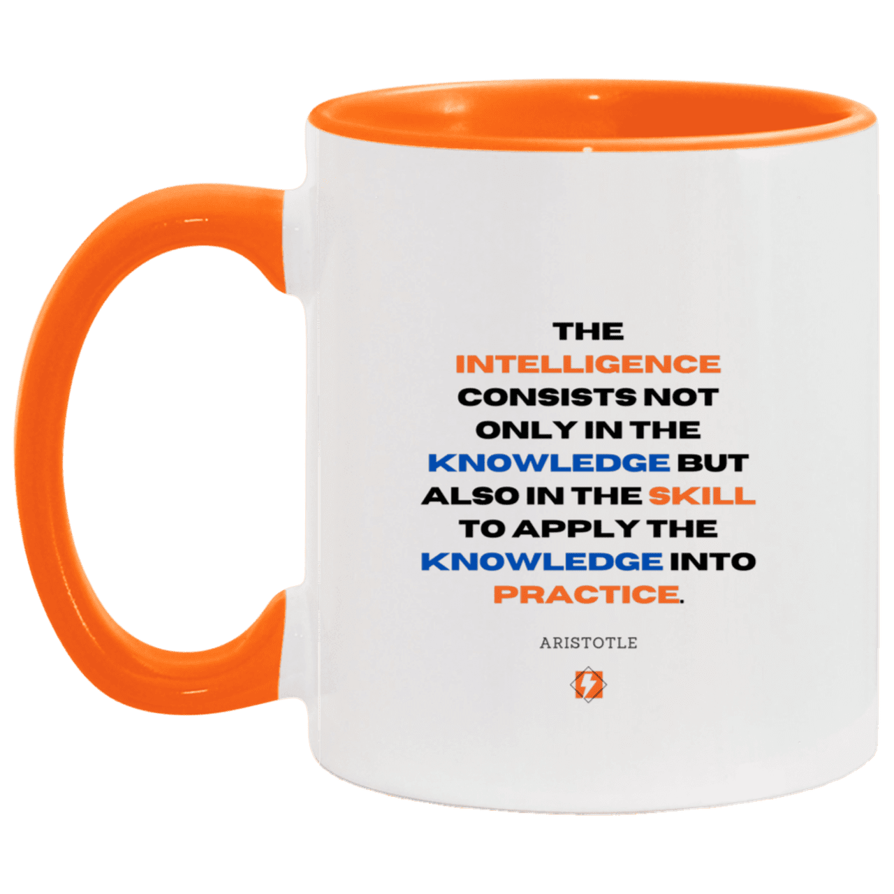 Ceramic Standard Mug 11oz with inspiring Aristotle quote: A127 - Intelligence vs Knowledge - Color: White/Orange