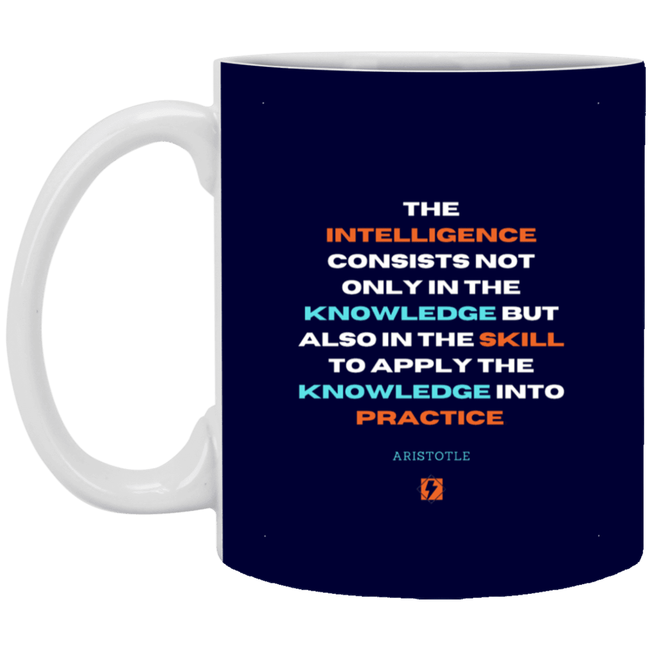 Ceramic Standard Mug 11oz with inspiring Aristotle quote: A127 - Intelligence vs Knowledge - Color: Navy