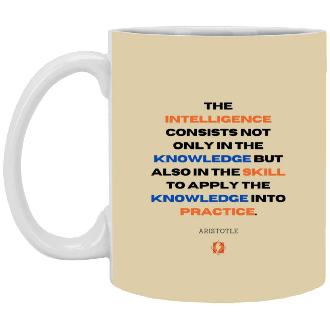 Ceramic Standard Mug 11oz with inspiring Aristotle quote: A127 - Intelligence vs Knowledge - Color: Tan