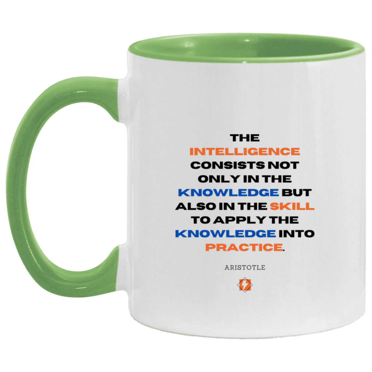 Ceramic Standard Mug 11oz with inspiring Aristotle quote: A127 - Intelligence vs Knowledge - Color: White/Light Green