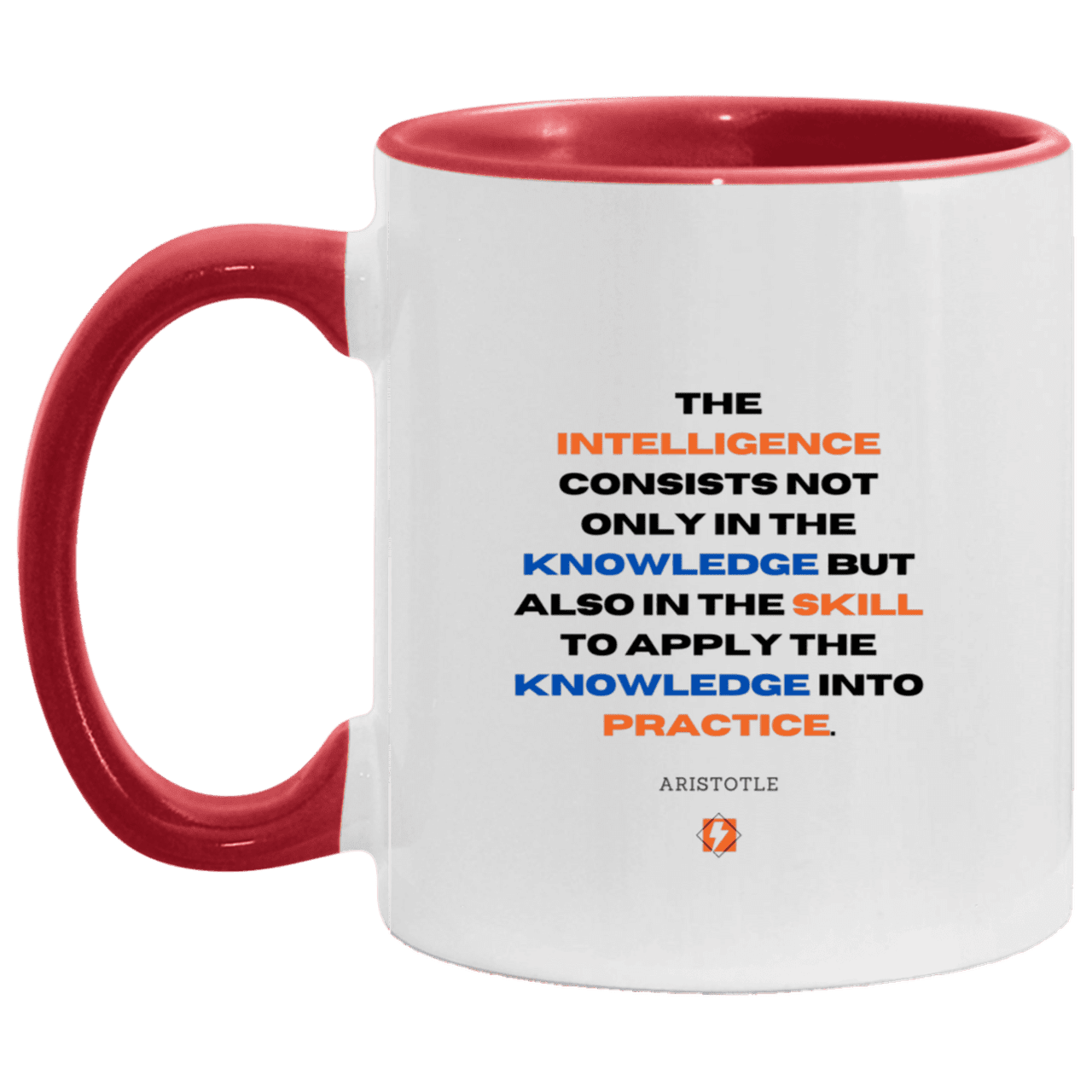 Ceramic Standard Mug 11oz with inspiring Aristotle quote: A127 - Intelligence vs Knowledge - Color: White/Red