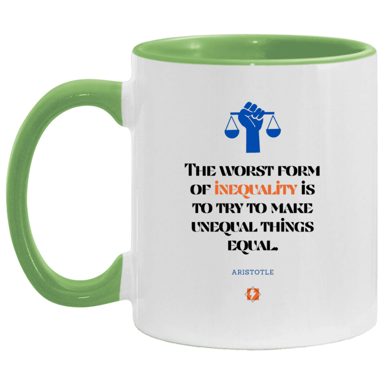 Ceramic Standard Mug 11oz with inspiring Aristotle quote: A128 - Communism is worse than inequality - Color: White/Light Green