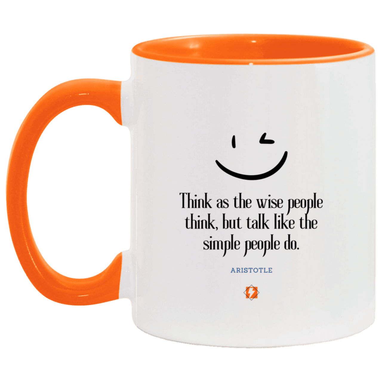 Ceramic Standard Mug 11oz with inspiring Aristotle quote: A129 - Think wisely speak simply - Color: White/Orange