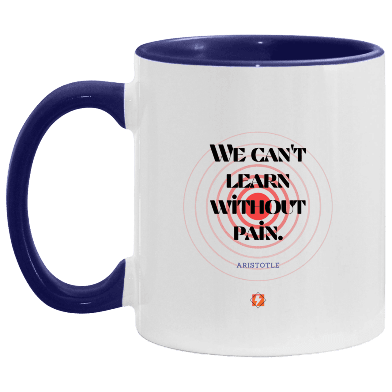 Ceramic Standard Mug 11oz with inspiring Aristotle quote: A131 - Learning comes with pain - Color: White/Midnight Blue