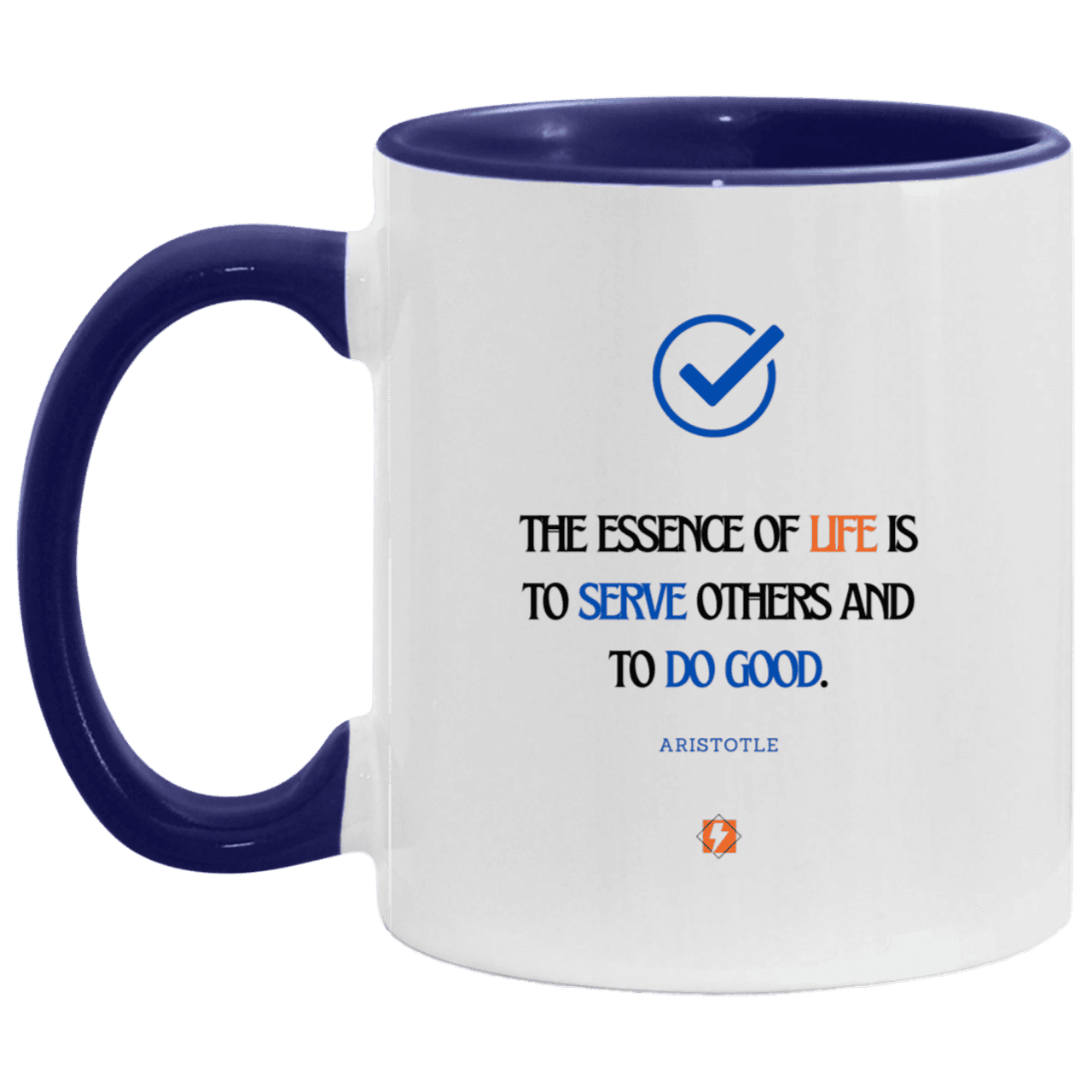 Ceramic Standard Mug 11oz with inspiring Aristotle quote: A132 - Life is about serving others - Color: White/Midnight Blue