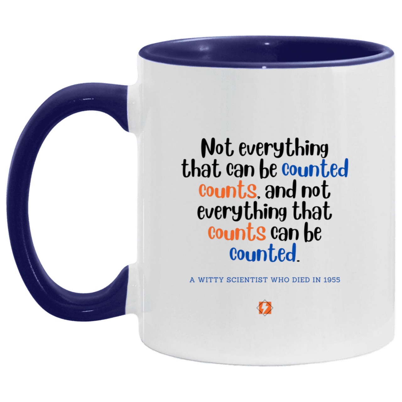 Ceramic Standard Mug 11oz with inspiring Einstein quote: E104 - Counting that which counts - Color: White/Midnight Blue