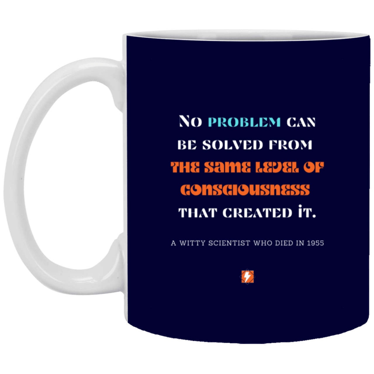 Ceramic Standard Mug 11oz with inspiring Einstein quote: E111 - New thinking leads to solutions - Color: Navy