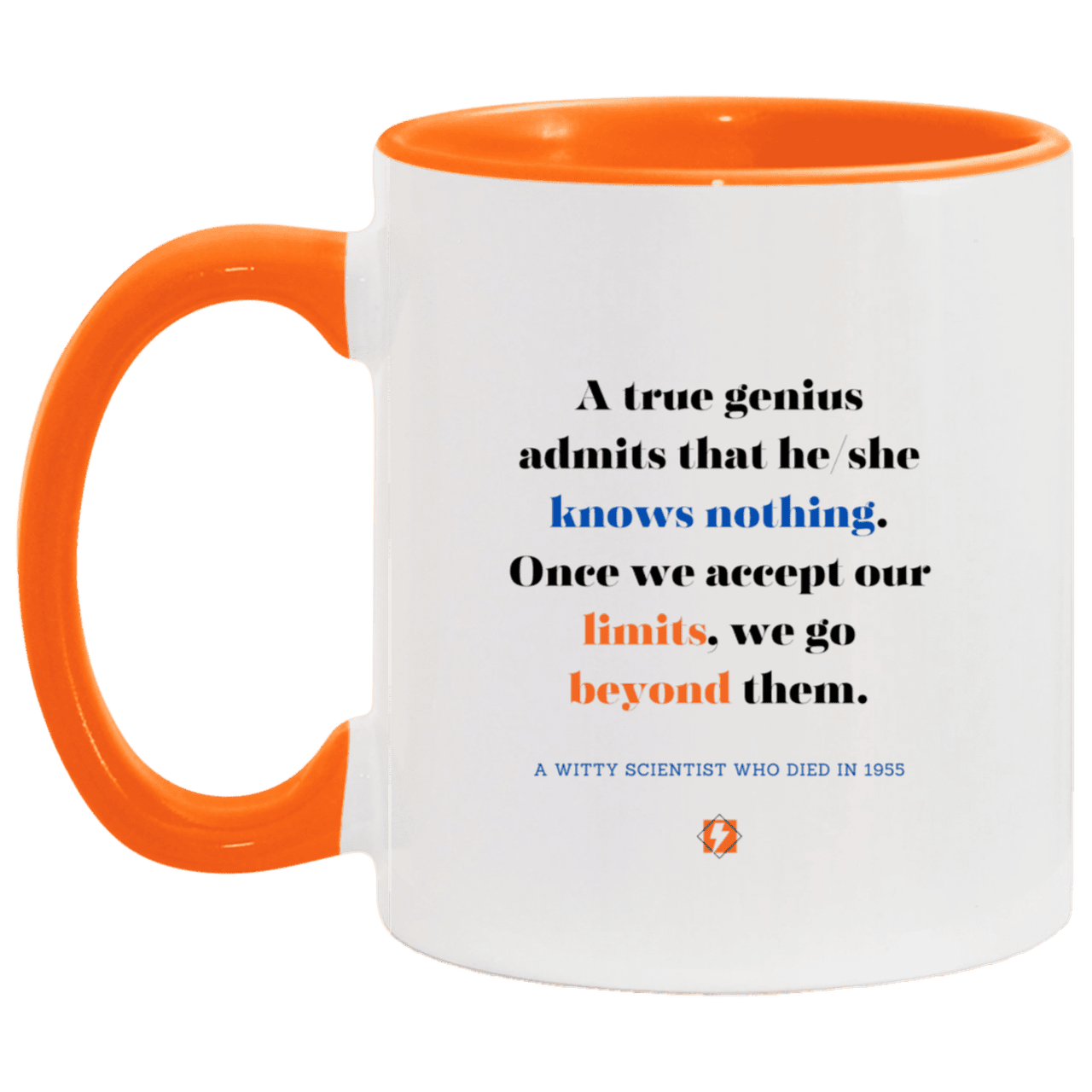 Ceramic Standard Mug 11oz with inspiring Einstein quote: E119 - Genius unlimited - Color: White/Orange