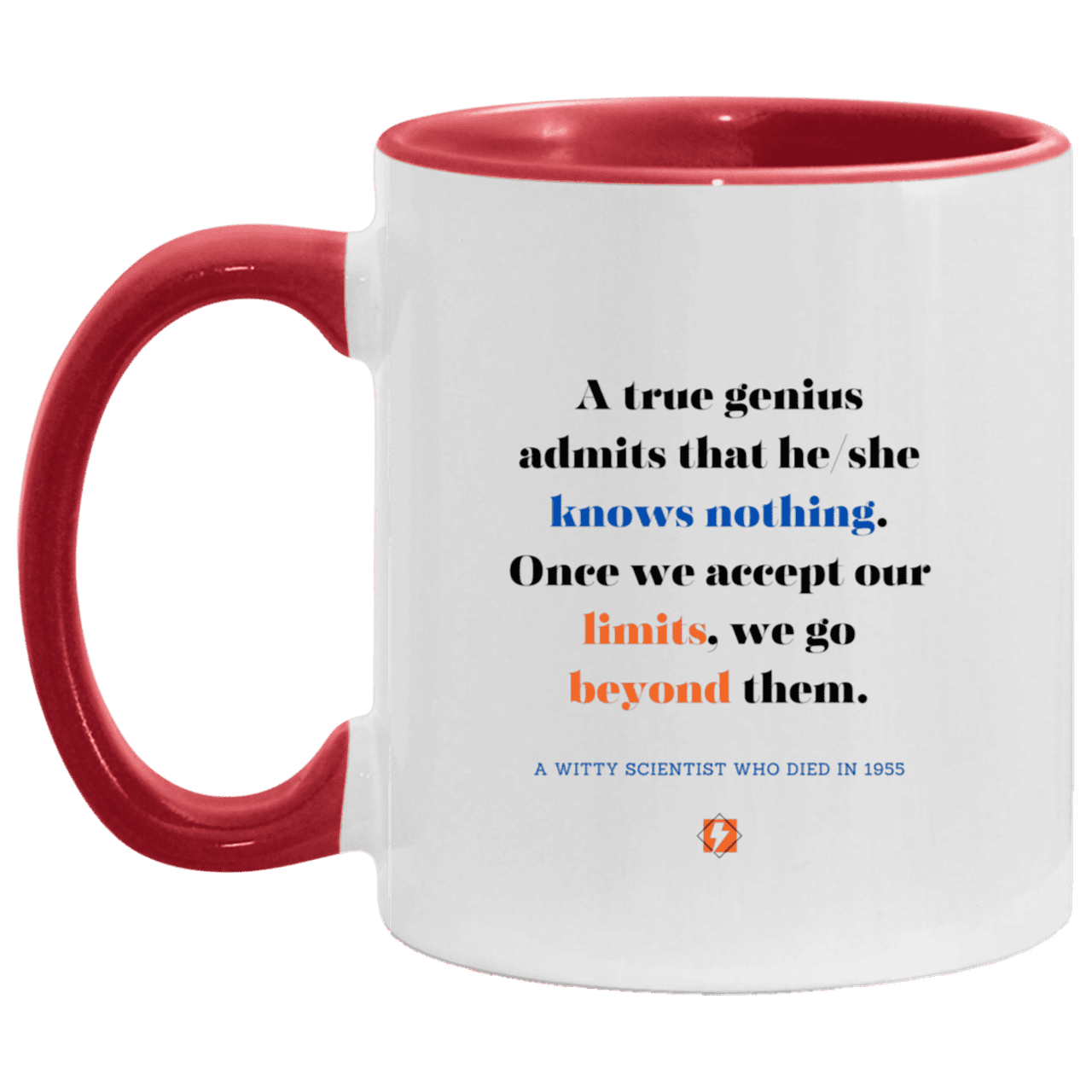 Ceramic Standard Mug 11oz with inspiring Einstein quote: E119 - Genius unlimited - Color: White/Red