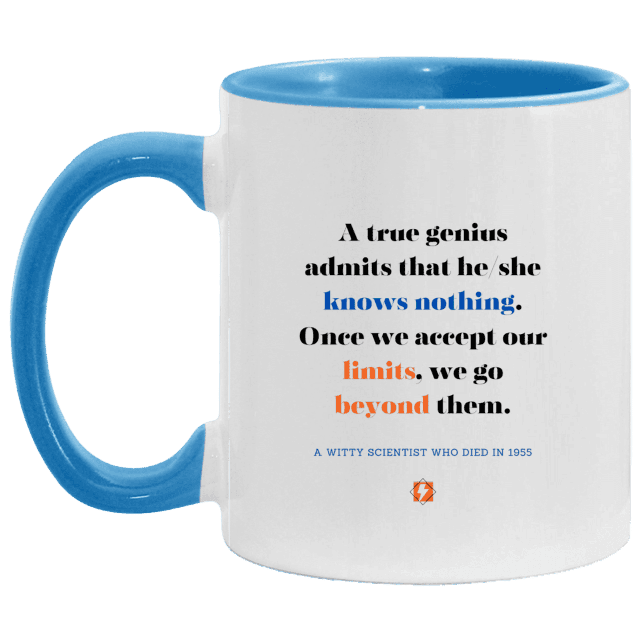 Ceramic Standard Mug 11oz with inspiring Einstein quote: E119 - Genius unlimited - Color: White/Light Blue