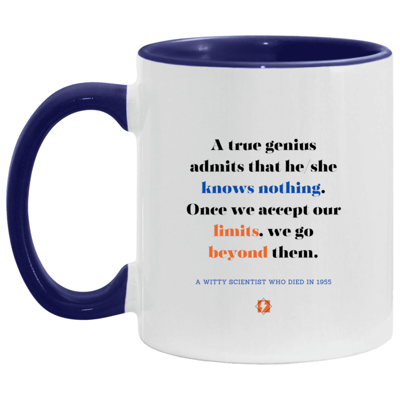 Ceramic Standard Mug 11oz with inspiring Einstein quote: E119 - Genius unlimited - Color: White/Midnight Blue