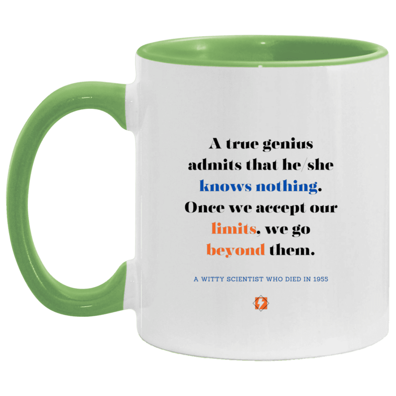 Ceramic Standard Mug 11oz with inspiring Einstein quote: E119 - Genius unlimited - Color: White/Light Green