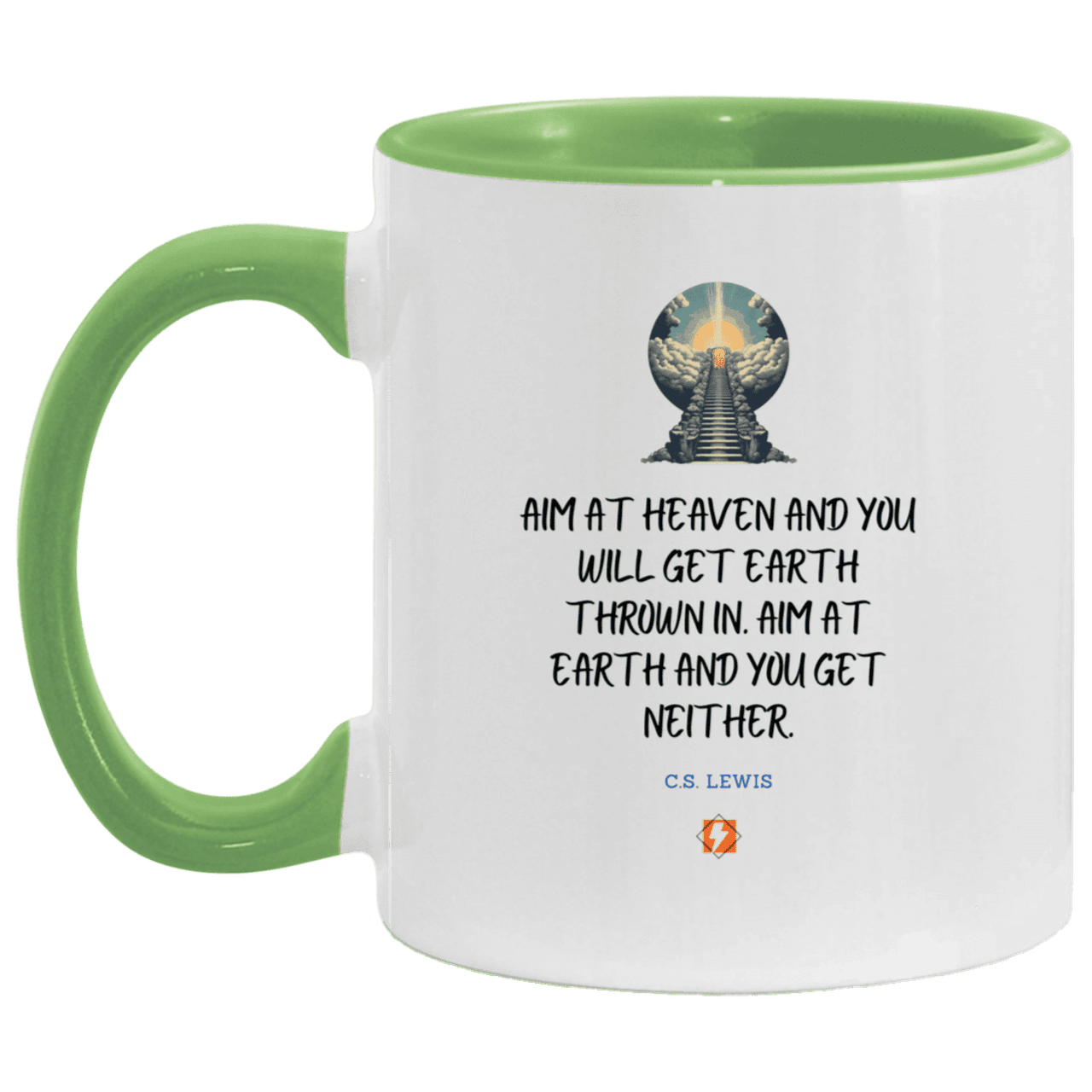 Ceramic Standard Mug 11oz with inspiring Lewis quote: CS101 - Aim for heaven - Color: White/Light Green