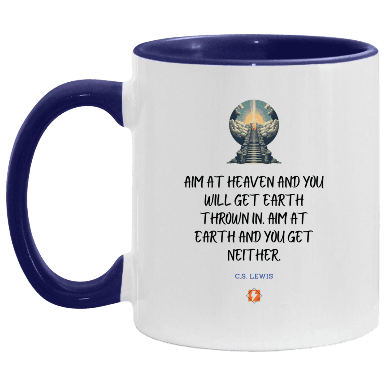 Ceramic Standard Mug 11oz with inspiring Lewis quote: CS101 - Aim for heaven - Color: White/Midnight Blue