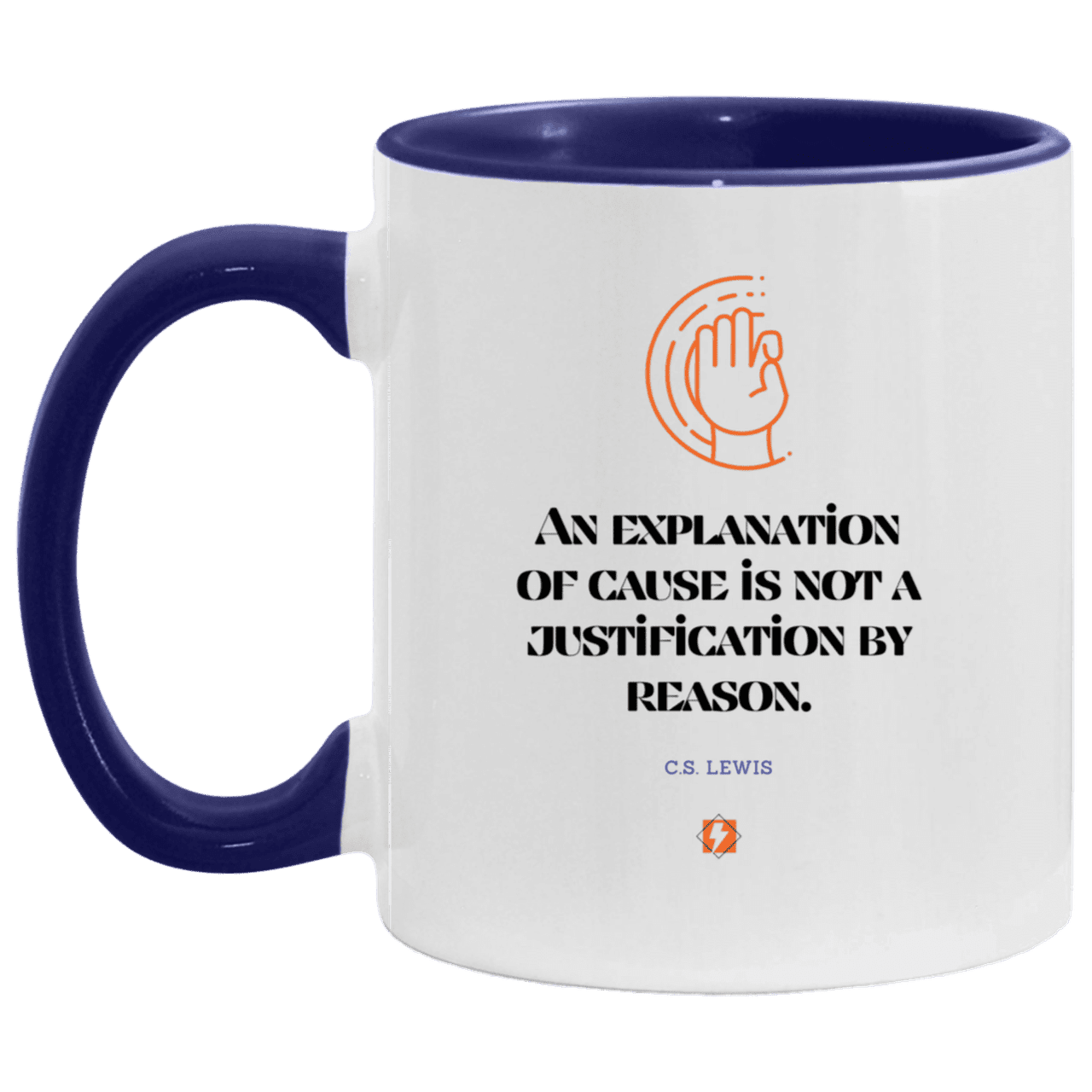 Ceramic Standard Mug 11oz with inspiring Lewis quote: CS102 - Explanations Vs Justifications - Color: White/Midnight Blue