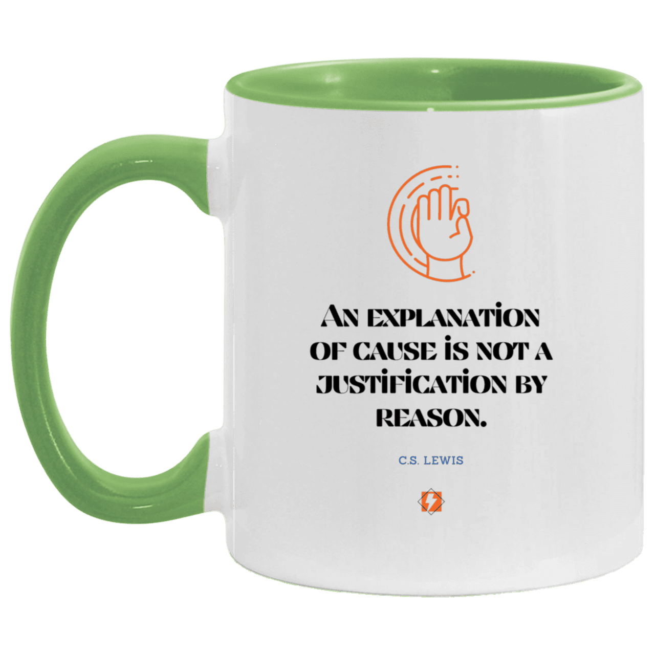 Ceramic Standard Mug 11oz with inspiring Lewis quote: CS102 - Explanations Vs Justifications - Color: White/Light Green