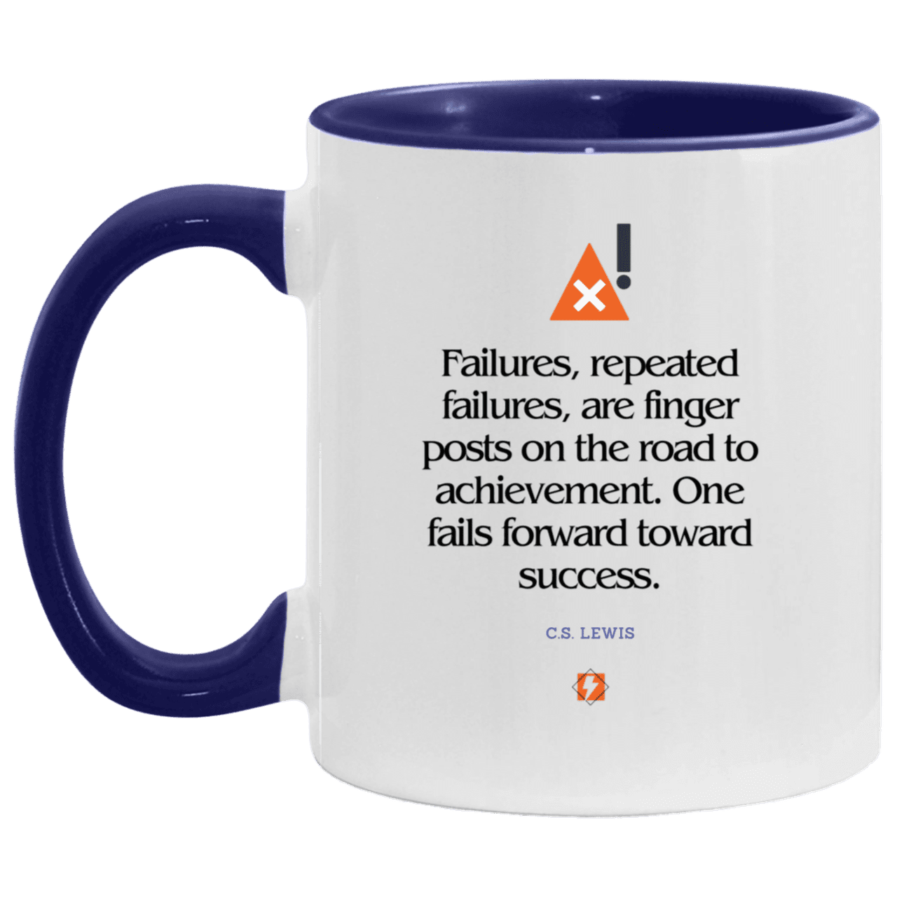 Ceramic Standard Mug 11oz with inspiring Lewis quote: CS104 - Failures to Success - Color: White/Midnight Blue