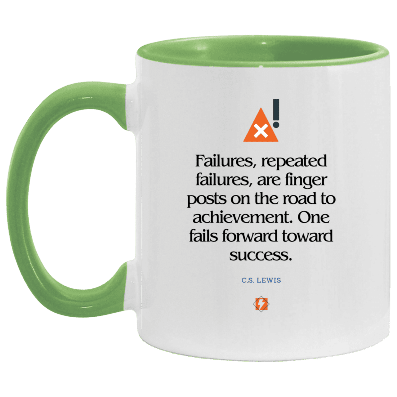 Ceramic Standard Mug 11oz with inspiring Lewis quote: CS104 - Failures to Success - Color: White/Light Green