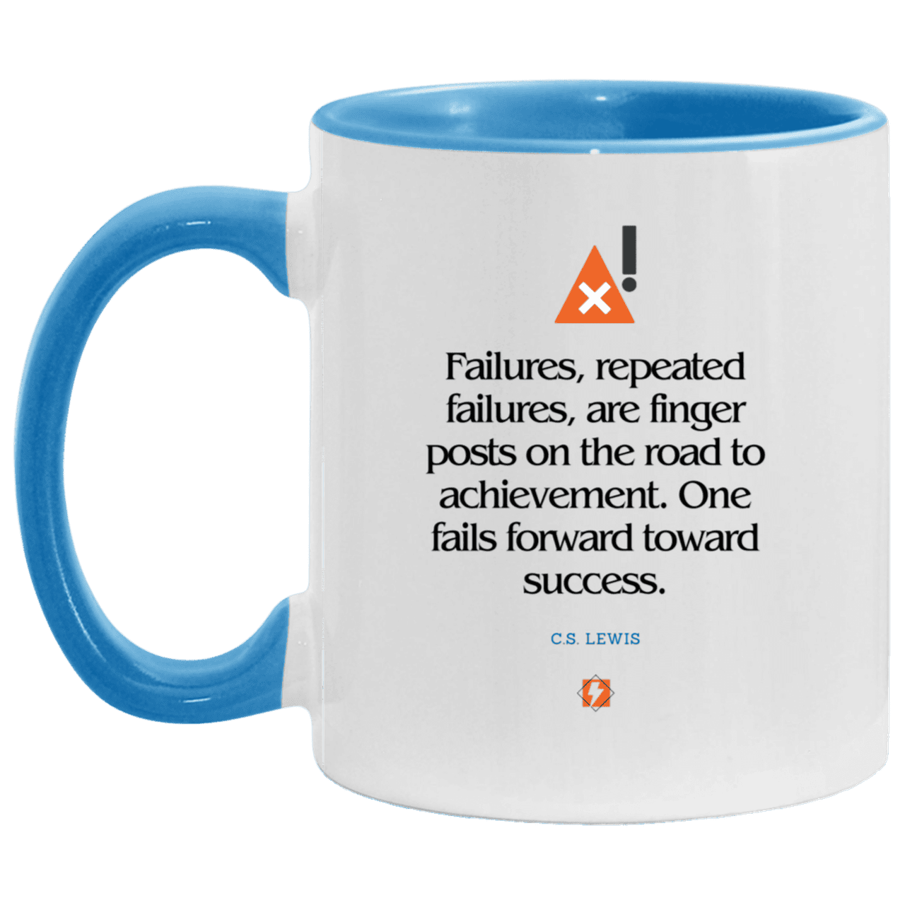 Ceramic Standard Mug 11oz with inspiring Lewis quote: CS104 - Failures to Success - Color: White/Light Blue