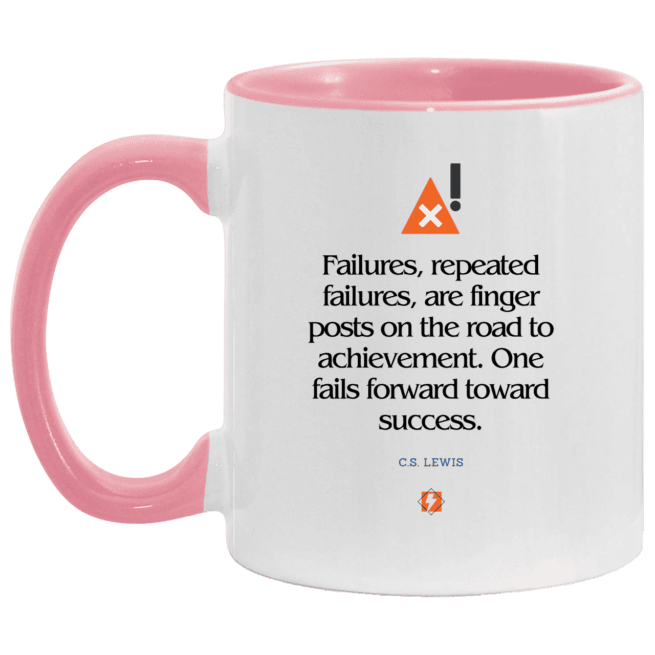 Ceramic Standard Mug 11oz with inspiring Lewis quote: CS104 - Failures to Success - Color: White/Pink