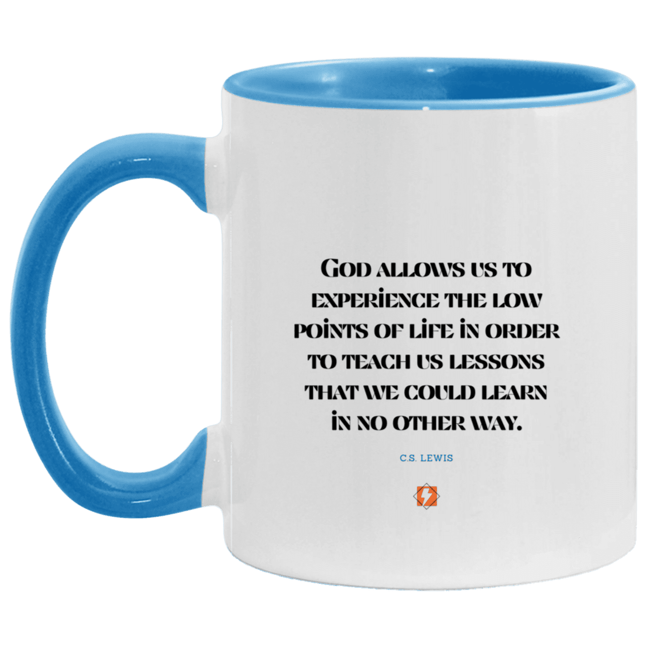 Ceramic Standard Mug 11oz with inspiring Lewis quote: CS105 - Lowpoints are lessons - Color: White/Light Blue